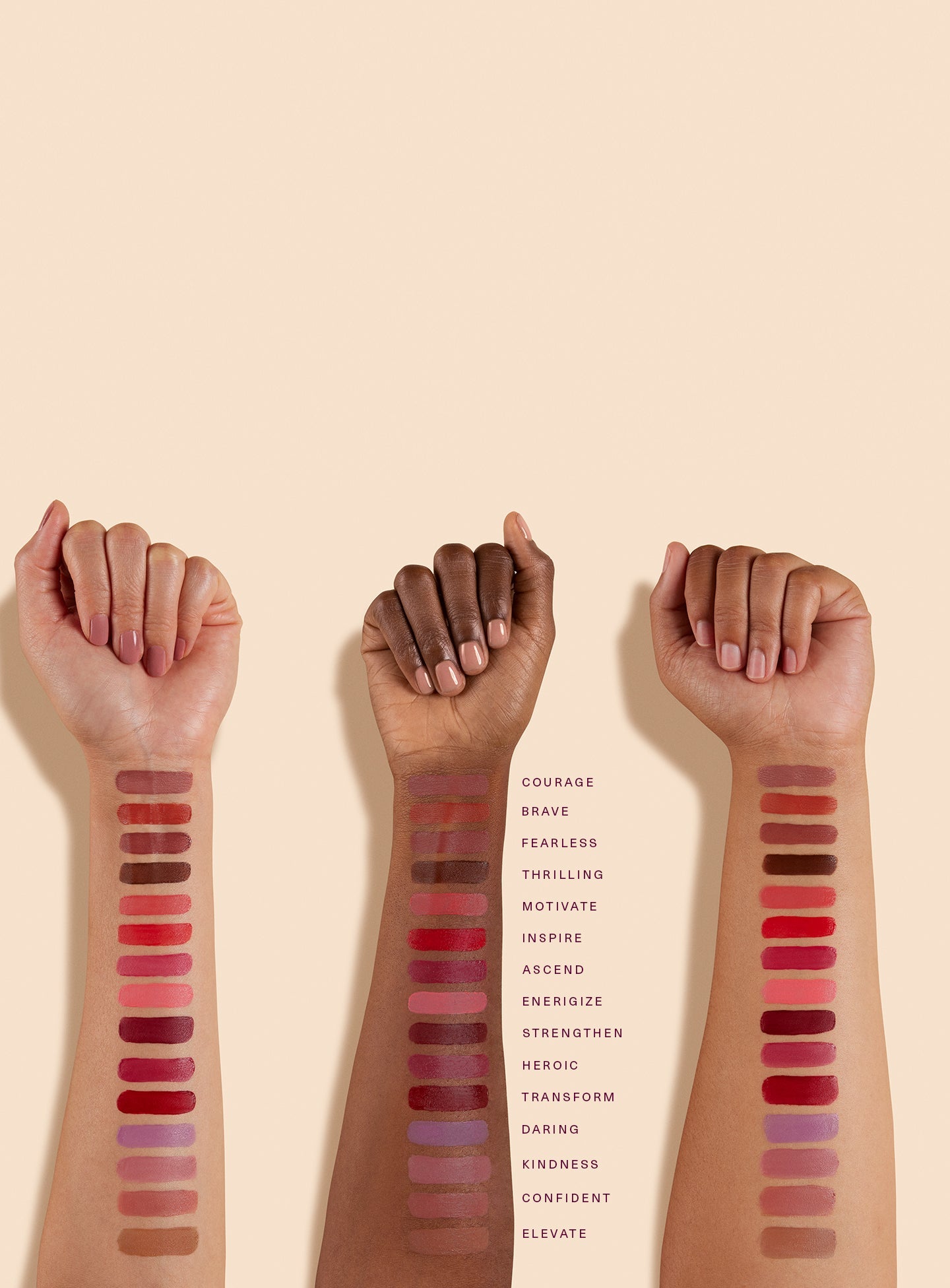 Shade swatches on different skin tones of Rare Beauty's Lip Souffle Matte Lip Cream.