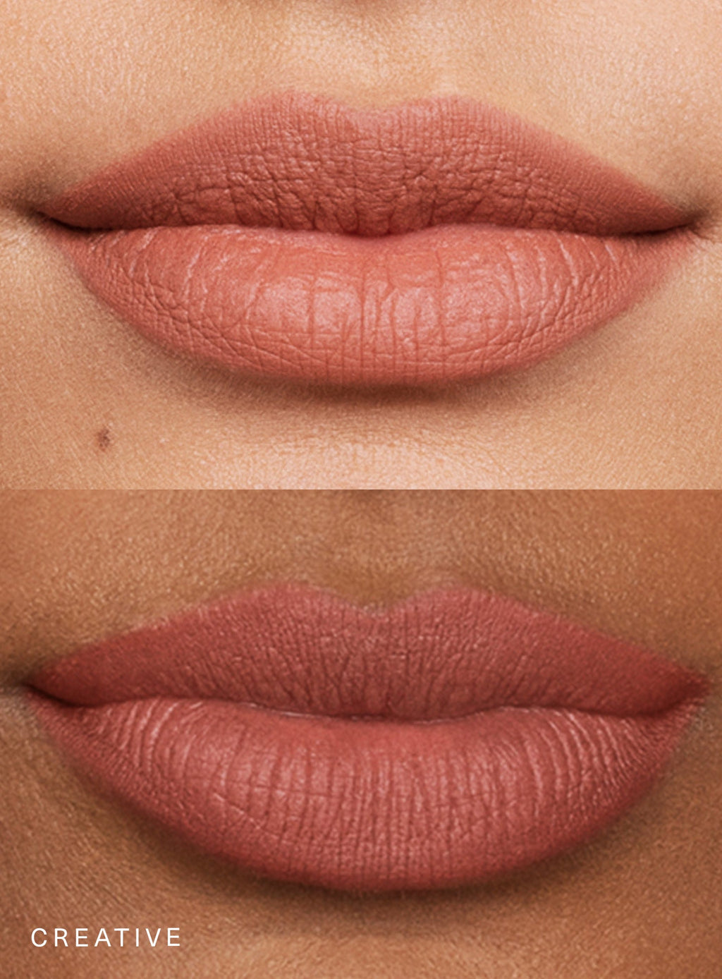 Creative| Rare Beauty's Kind Words Matte Lip Liner and Matte Lipstick in the shade Creative demonstrated on two sets of lips of different skin tones.