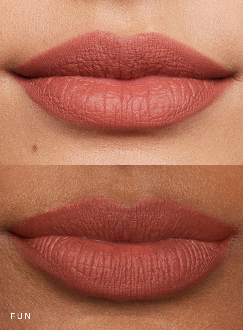Fun| Rare Beauty's Kind Words Matte Lip Liner and Matte Lipstick in the shade Fun demonstrated on two sets of lips of different skin tones.