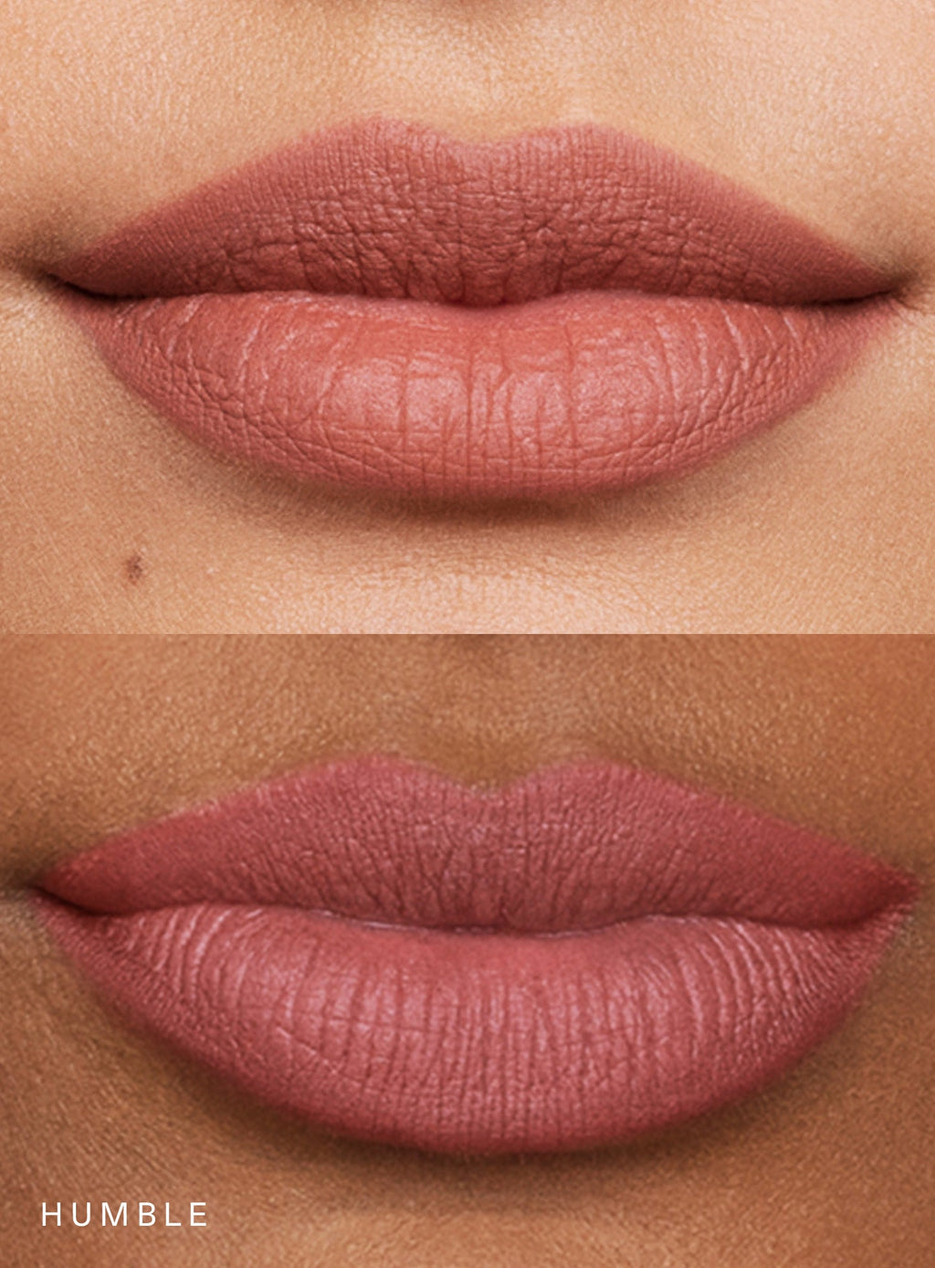Humble| Rare Beauty's Kind Words Matte Lip Liner and Matte Lipstick in the shade Humble demonstrated on two sets of lips of different skin tones.