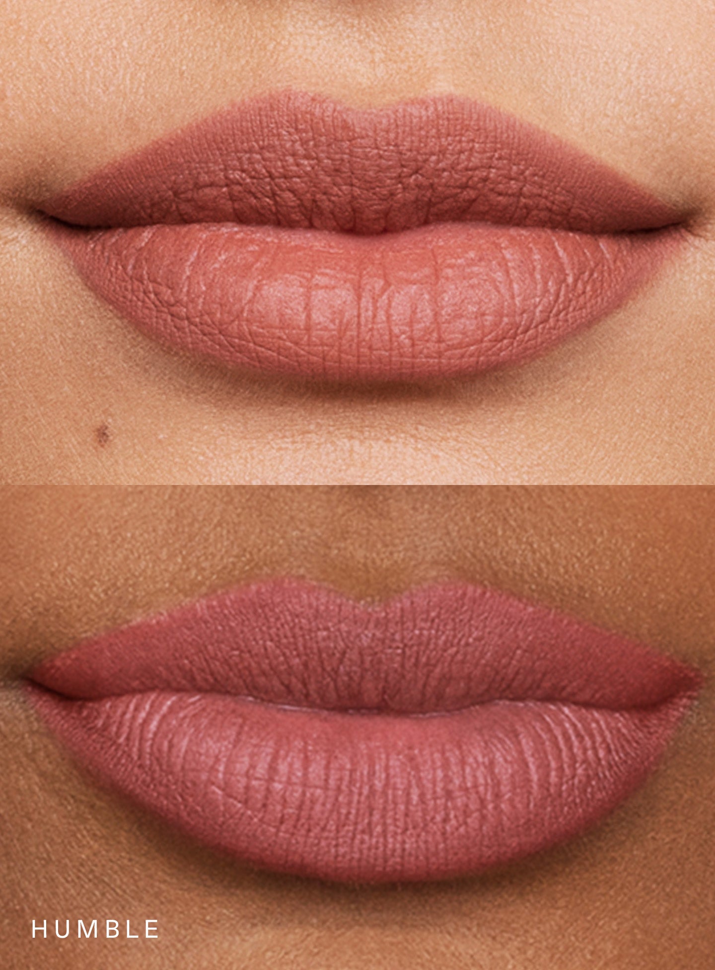 Humble| Rare Beauty's Kind Words Matte Lip Liner and Matte Lipstick in the shade Humble demonstrated on two sets of lips of different skin tones.