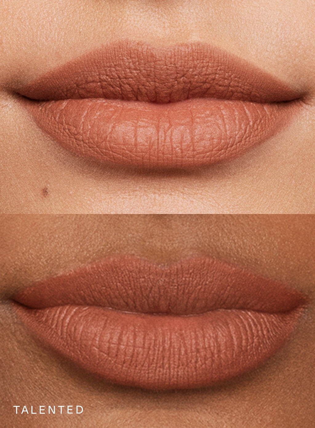 Talented| Rare Beauty's Kind Words Matte Lipstick applied on sets of lips in shade "Talented".
