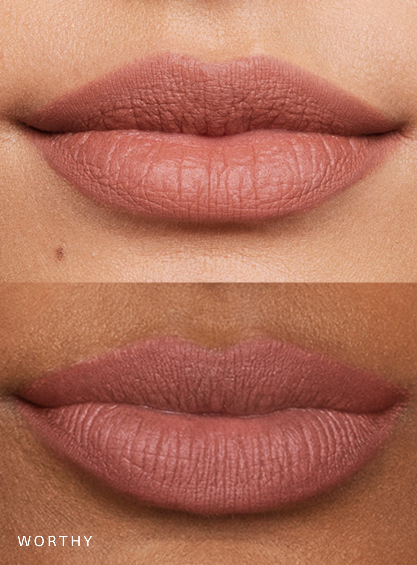 Worthy| Rare Beauty's Kind Words Matte Lip Liner and Matte Lipstick in the shade Worthy demonstrated on two sets of lips of different skin tones.