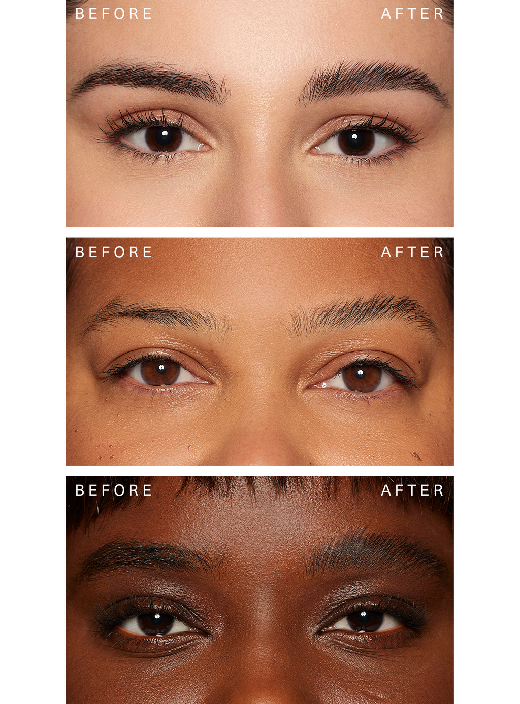 Clear| Three comparison photos of Rare Beauty's Brow Harmony Flexible Lifting Gel on different skin tones.