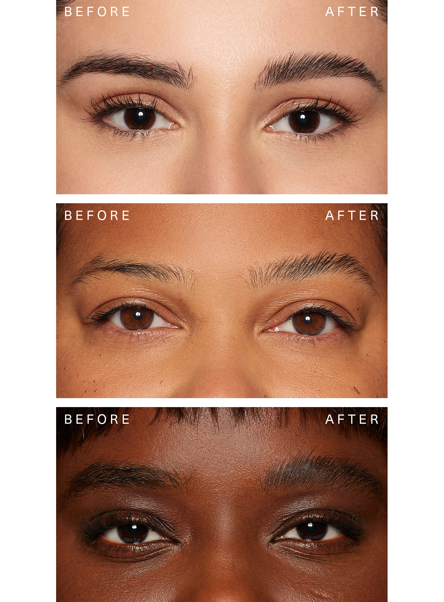 Clear| Three comparison photos of Rare Beauty's Brow Harmony Flexible Lifting Gel on different skin tones.