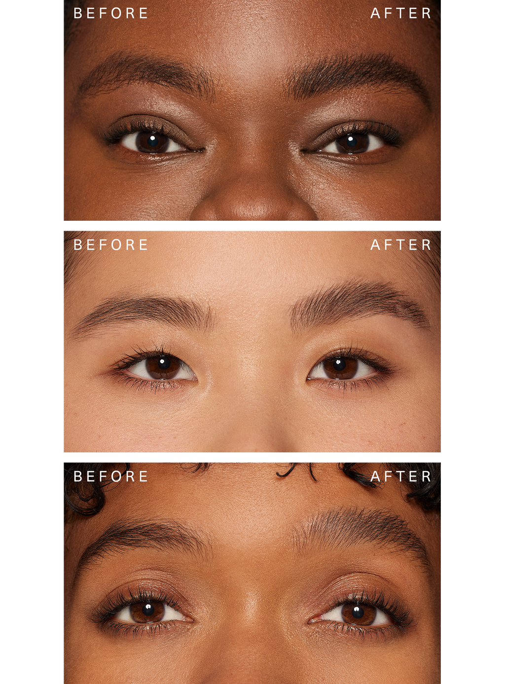 Clear| Rare Beauty's Brow Harmony Flexible Lifting Gel tested on three different skin tones.