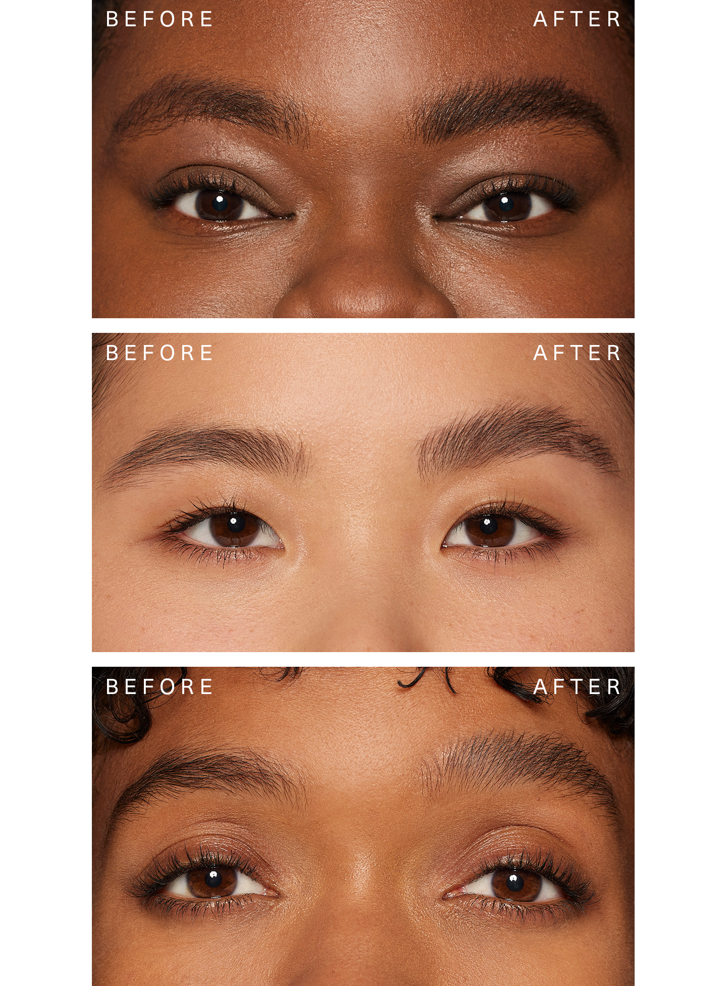 Clear| Rare Beauty's Brow Harmony Flexible Lifting Gel tested on three different skin tones.