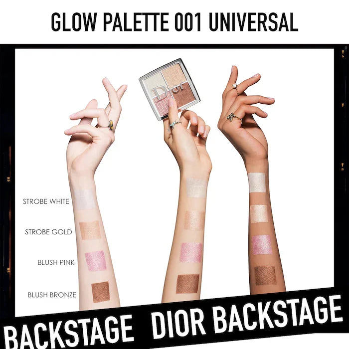 Dior BACKSTAGE Glow Face Palette, highlighter and blush, open compact showing four luminous shades.