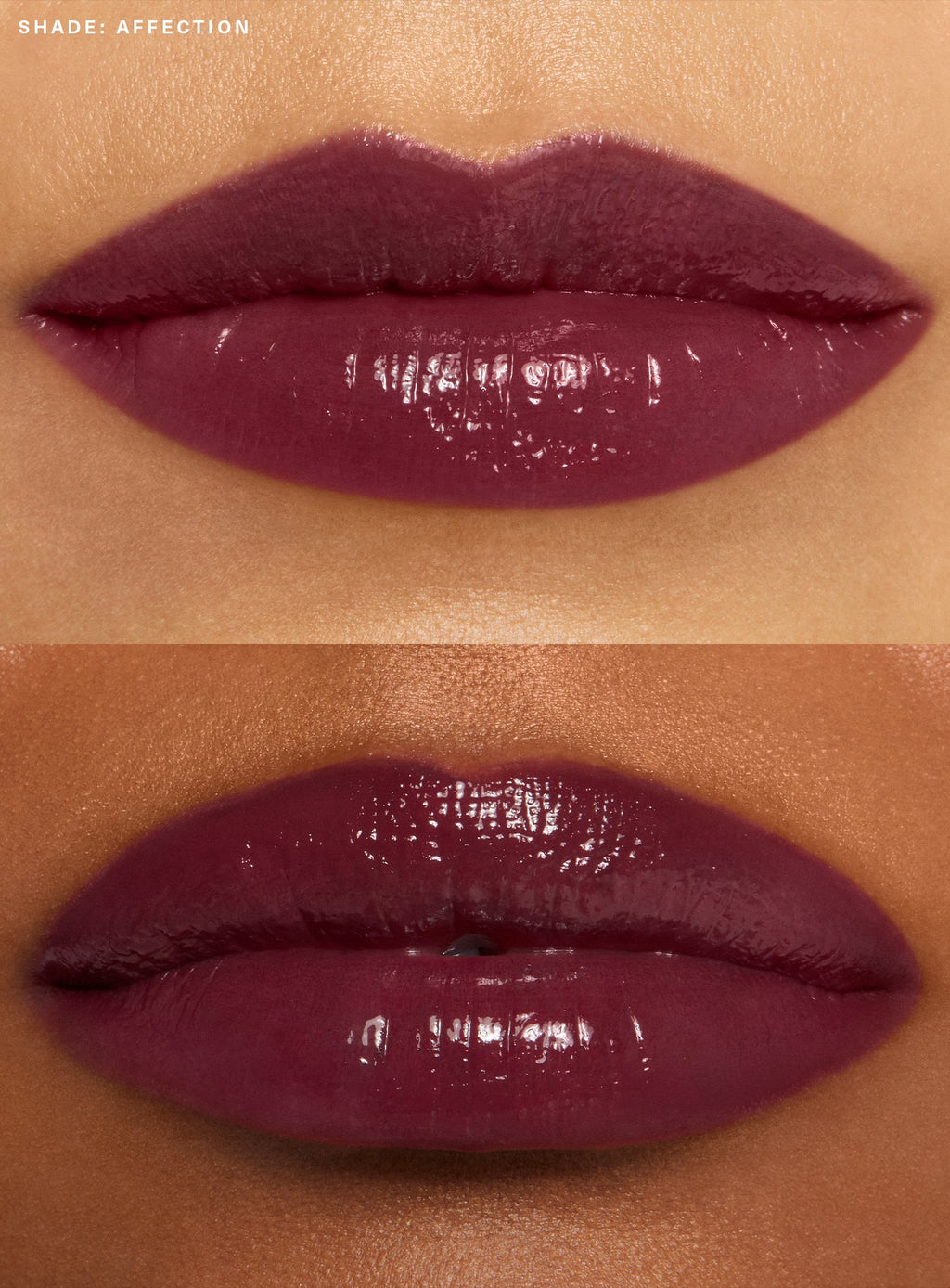 Affection| Rare Beauty's Soft Pinch Tinted Lip Oil in shade "Affection" applied on sets of lips.