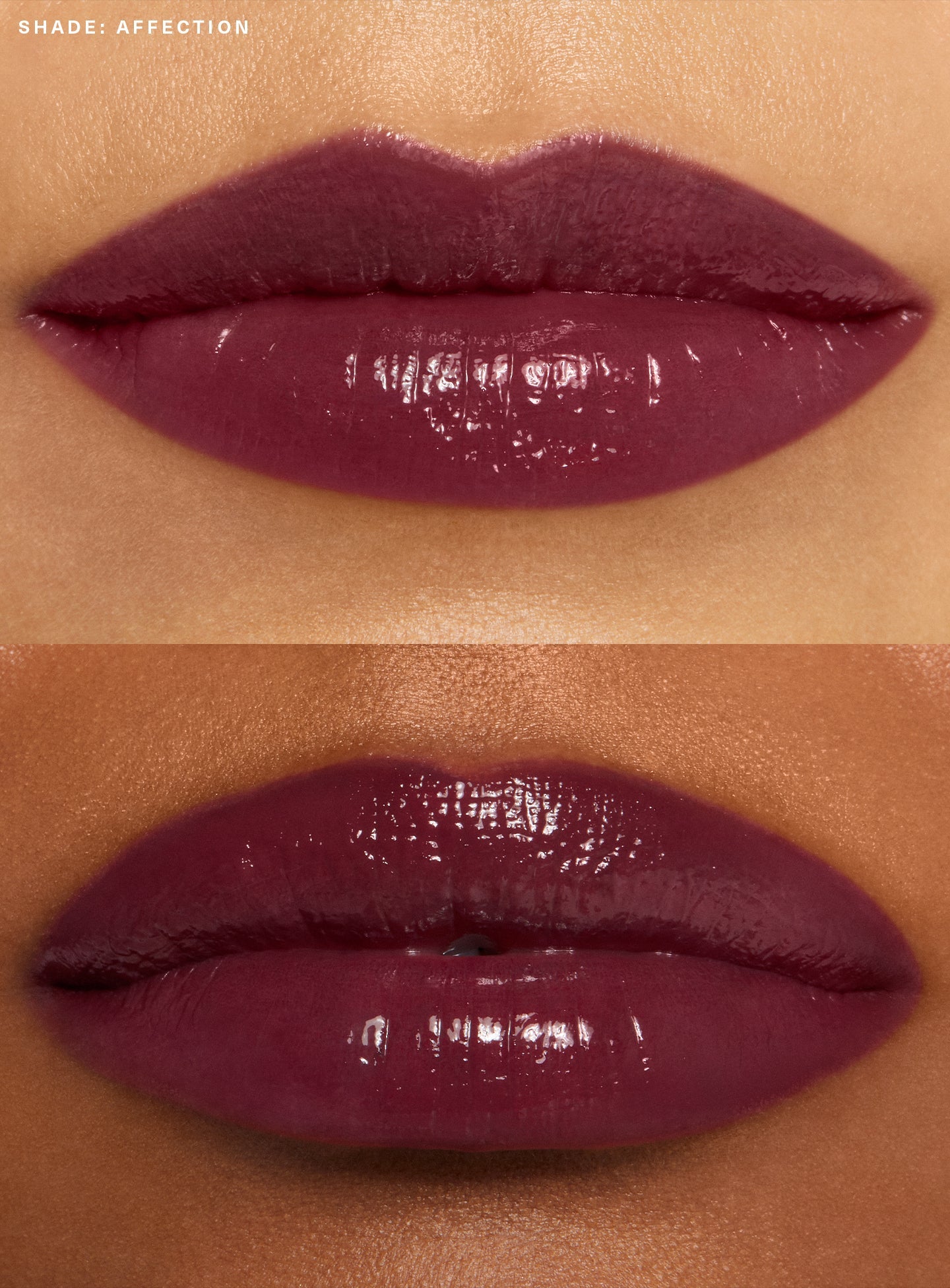 Affection| Rare Beauty's Soft Pinch Tinted Lip Oil in shade "Affection" applied on sets of lips.