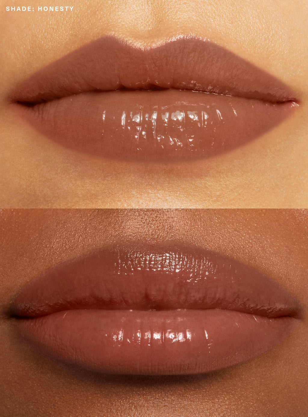 Honesty| Rare Beauty's Soft Pinch Tinted Lip Oil in shade "Honesty" applied on sets of lips.