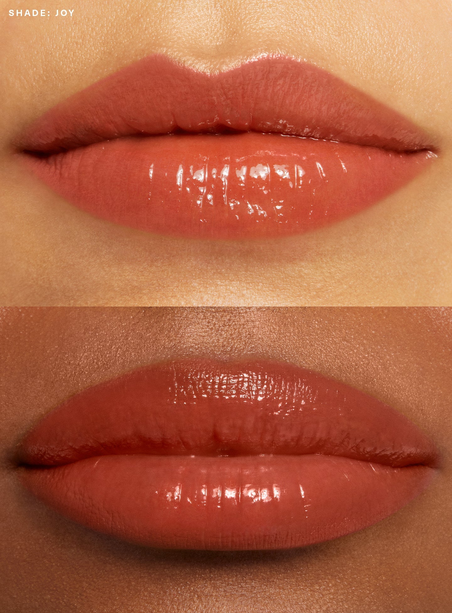 Joy| Rare Beauty's Soft Pinch Tinted Lip Oil in shade "Joy" applied on sets of lips.