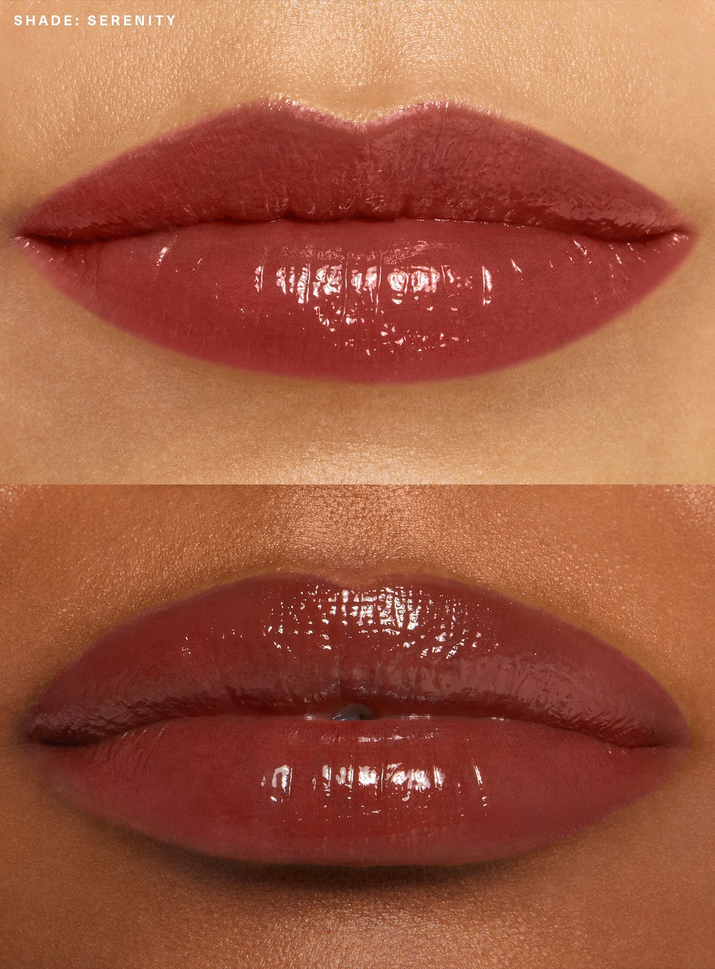 Serenity| Rare Beauty's Soft Pinch Tinted Lip Oil in shade "Serenity" applied on sets of lips.