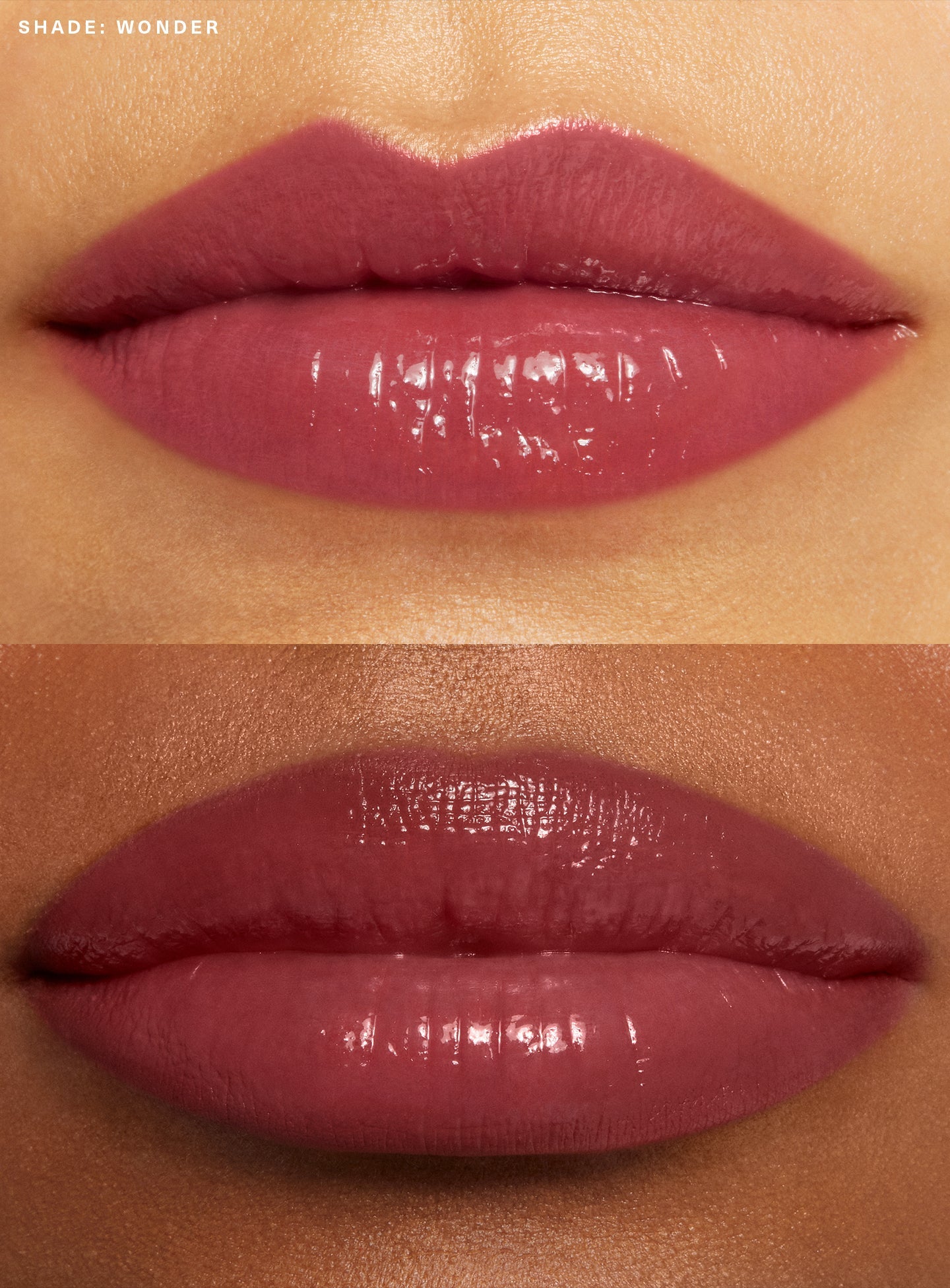 Wonder| Rare Beauty's Soft Pinch Tinted Lip Oil in shade "Wonder" applied on sets of lips.