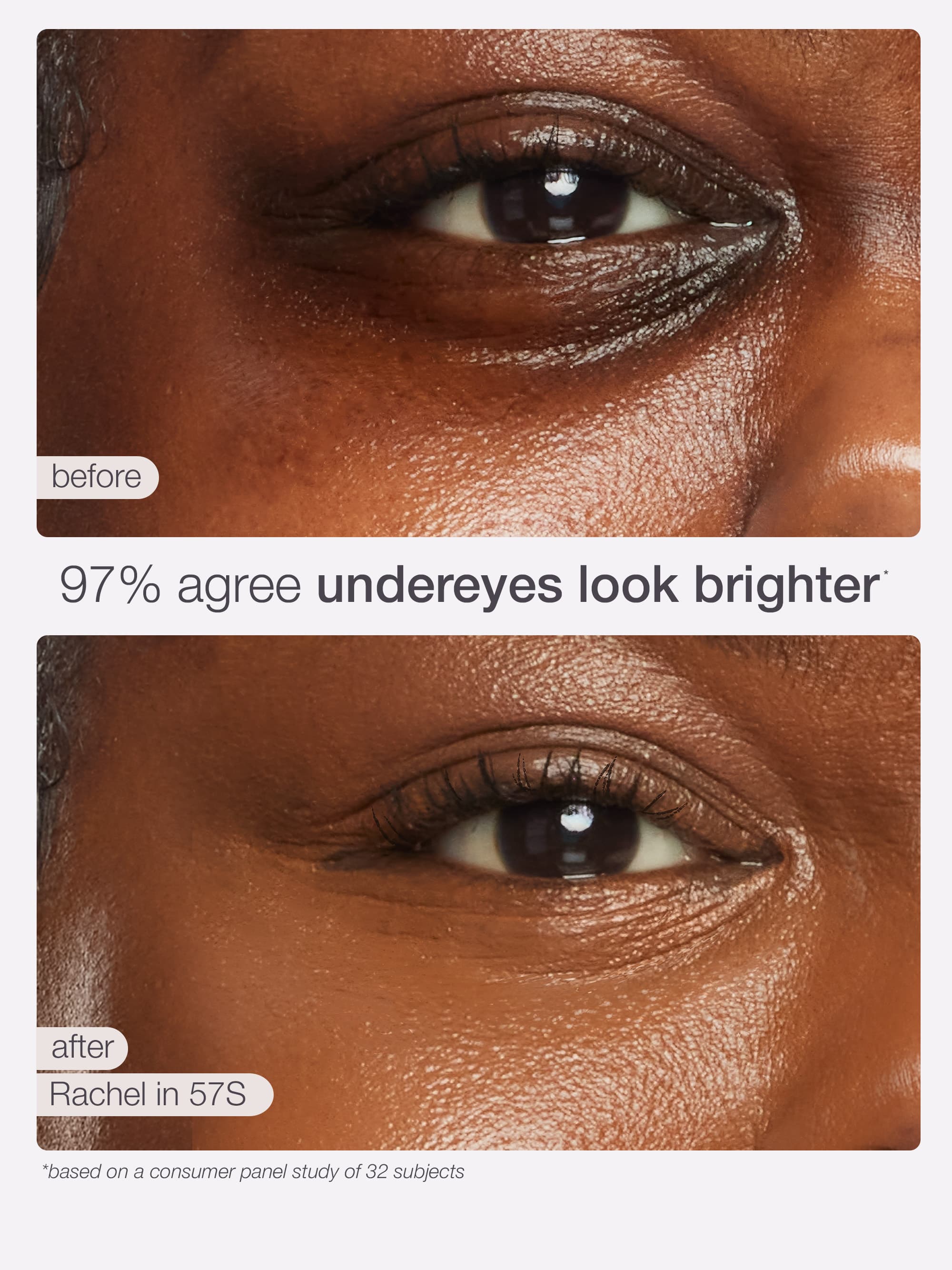 Before and after comparison of eye makeup application on a person's eyelid.