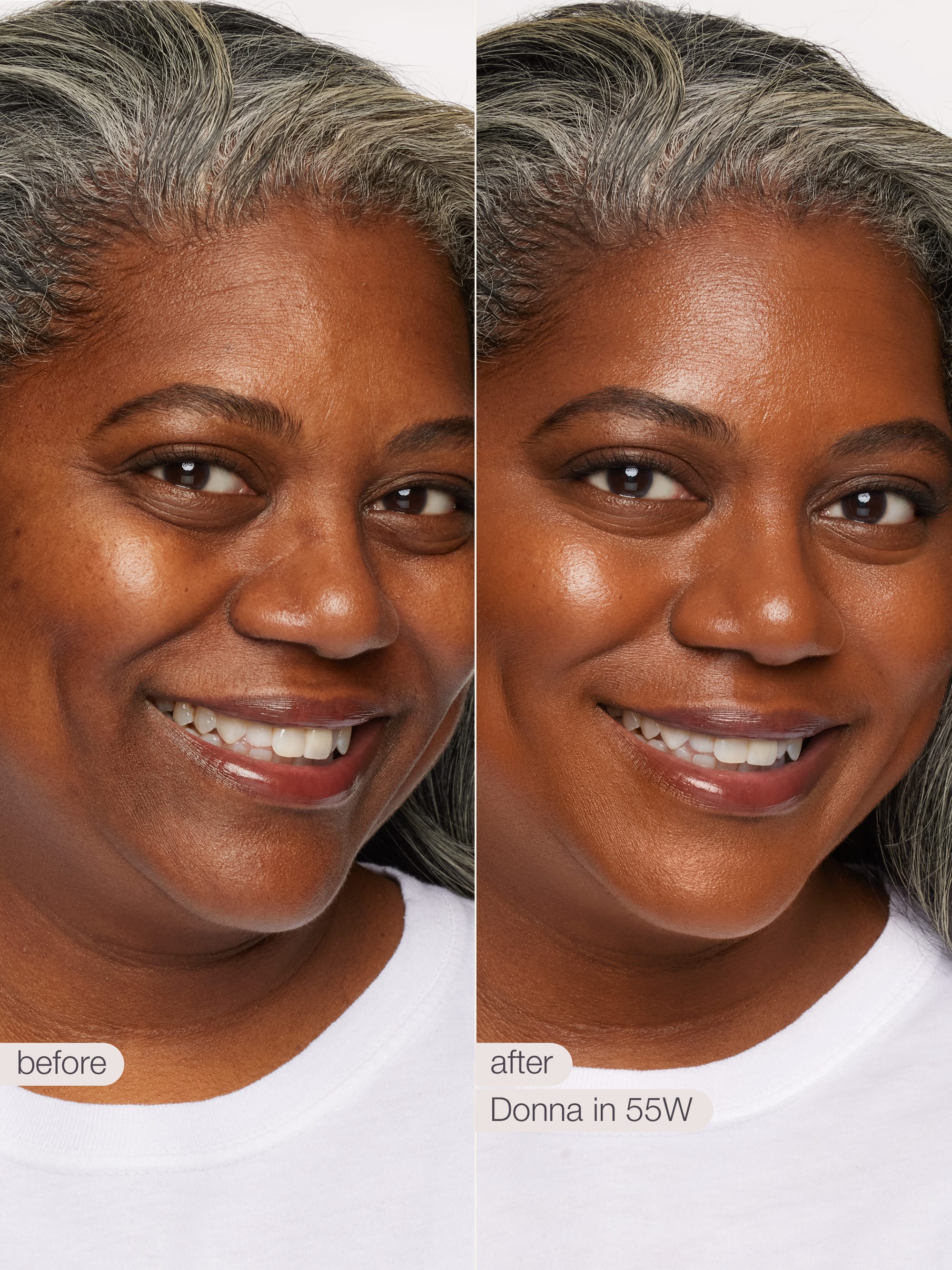 Before and after comparison of a woman with gray hair, showing a transformation effect.