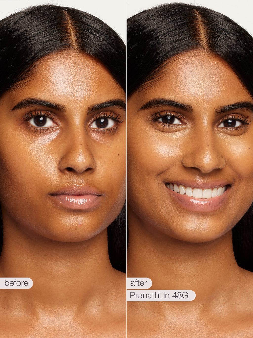 Before and after comparison of a woman's face with Pranathi makeup product.