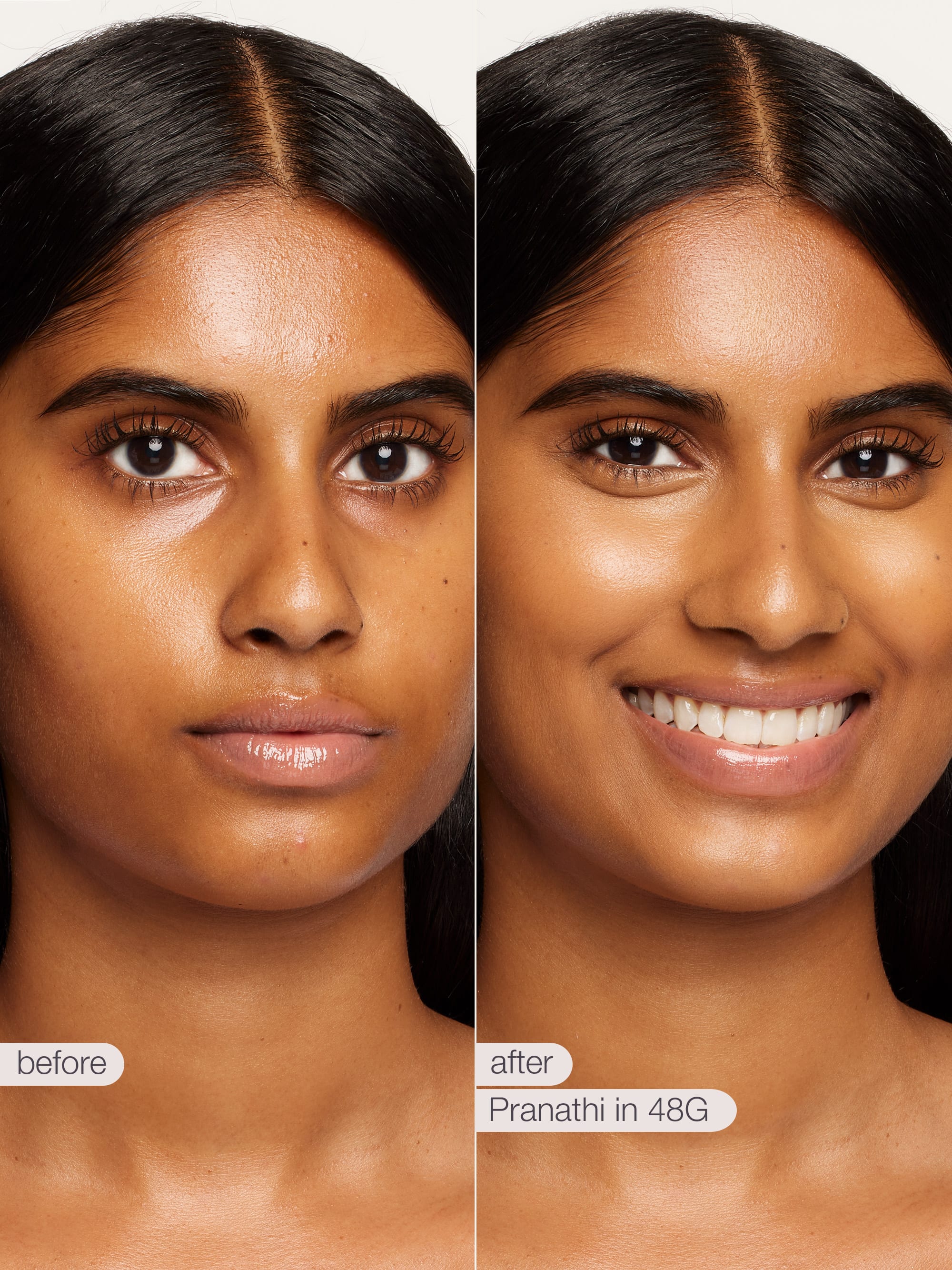 Before and after comparison of a woman's face with Pranathi makeup product.