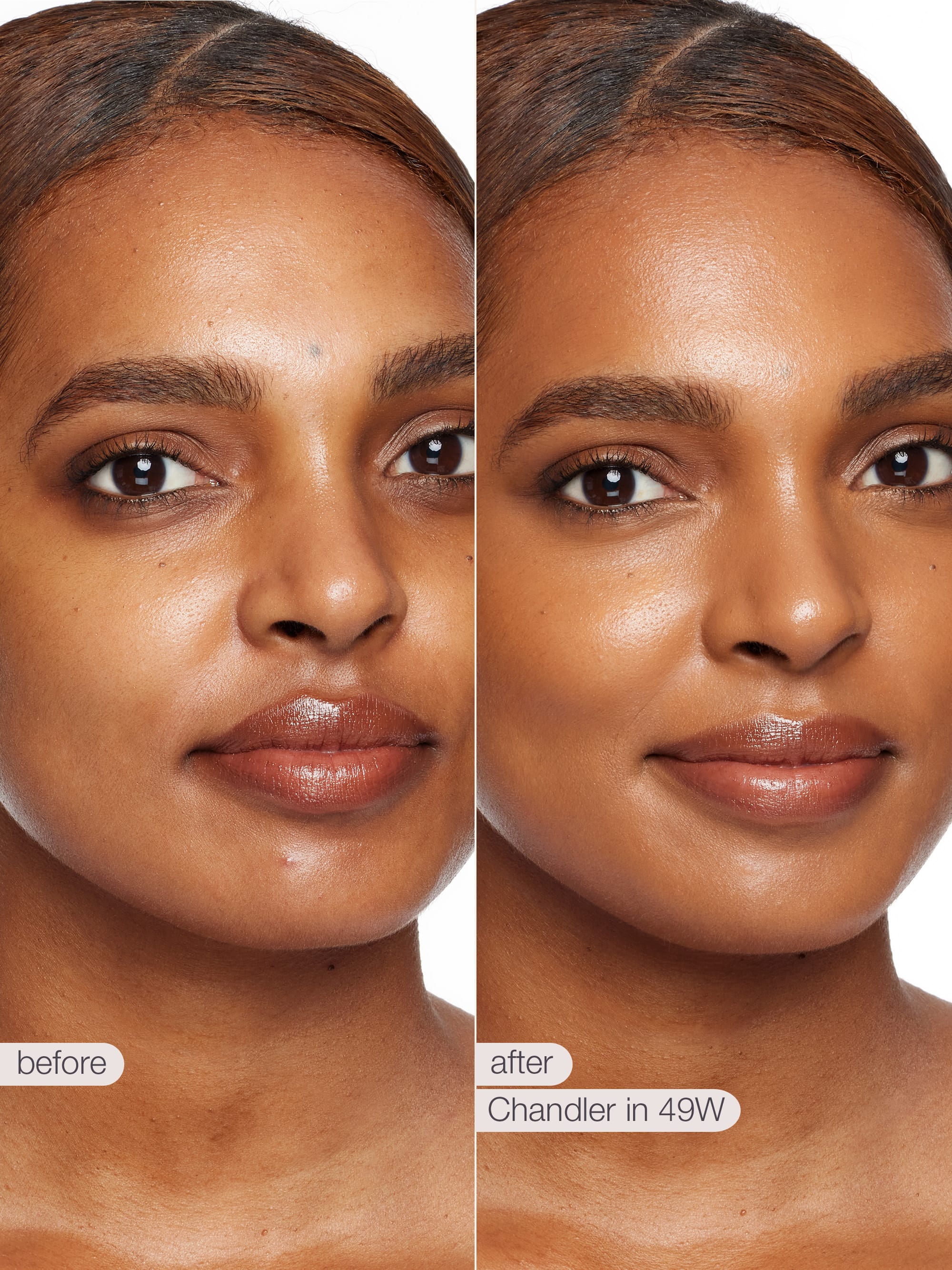 Before and after comparison of a woman's face with skin treatment labeled 'Chandler in 49W'.