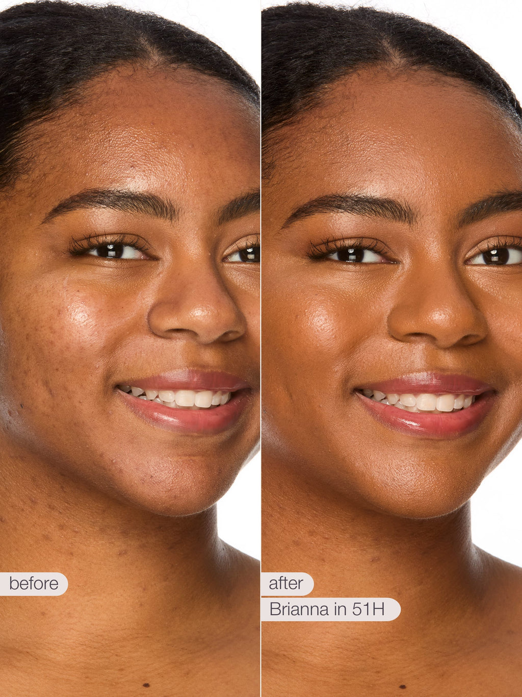 Before and after comparison of a woman's face with text indicating 'before' and 'after' and a color swatch.