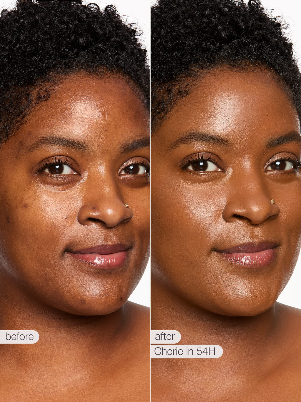 Before and after comparison of a woman's face with text indicating product name and time frame.