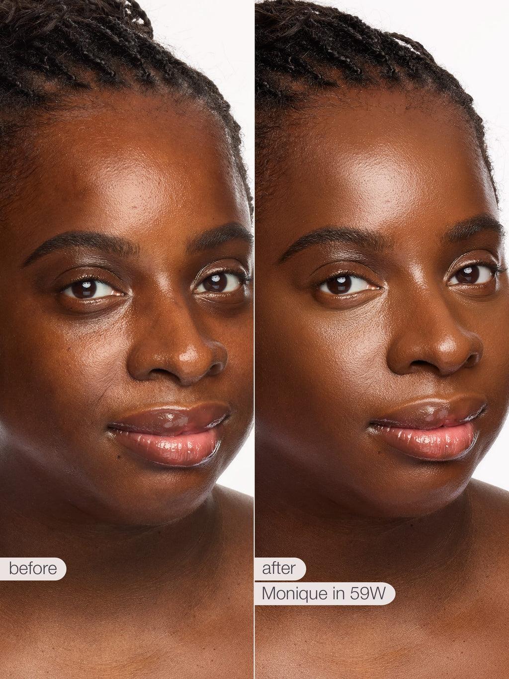 Before and after comparison of a woman's face with text indicating product name and color.
