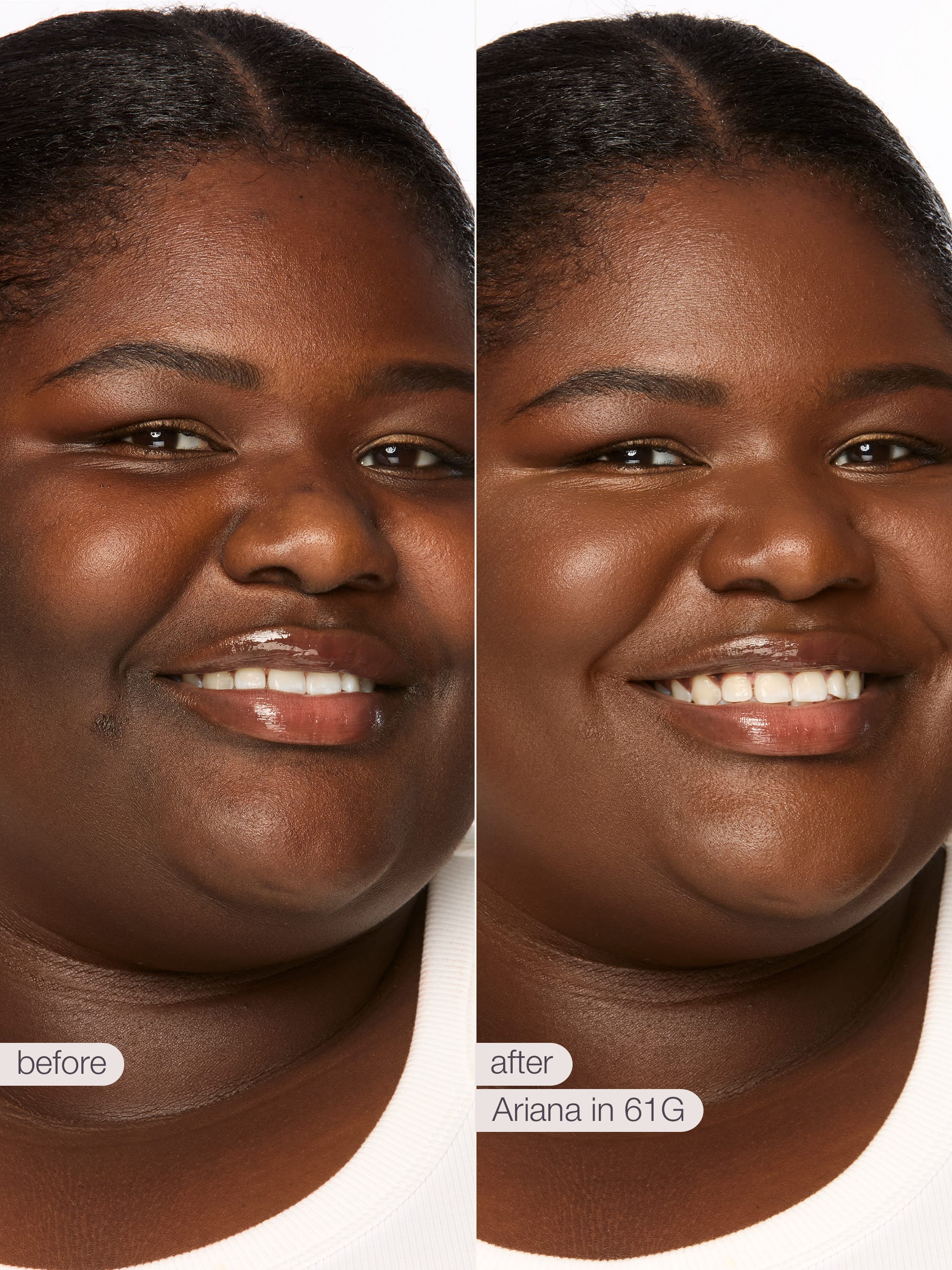 Before and after comparison of a woman's face with cosmetic effects applied.