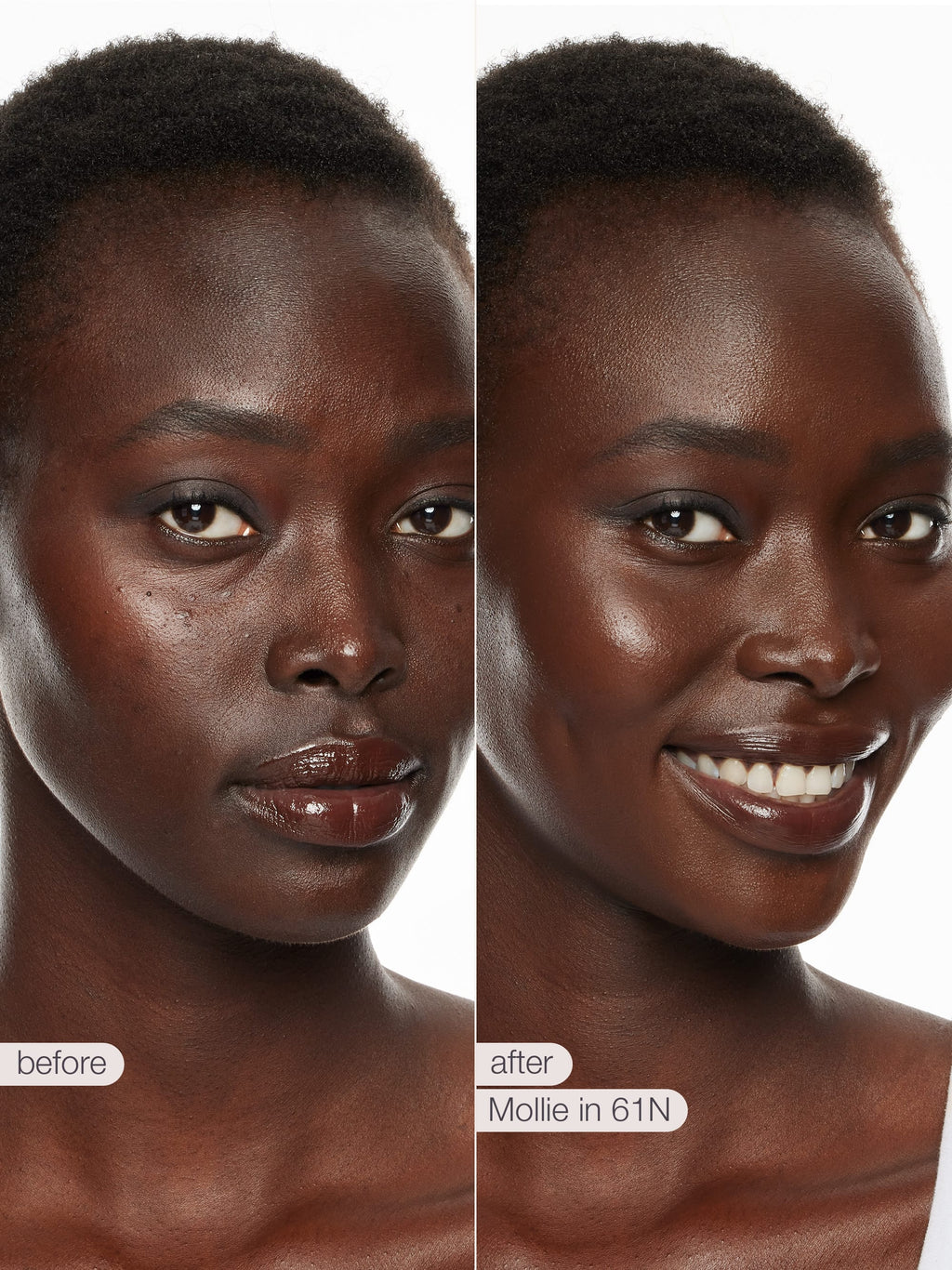 Before and after comparison of a woman's face with cosmetic application labeled 'Mollie in 61N'.