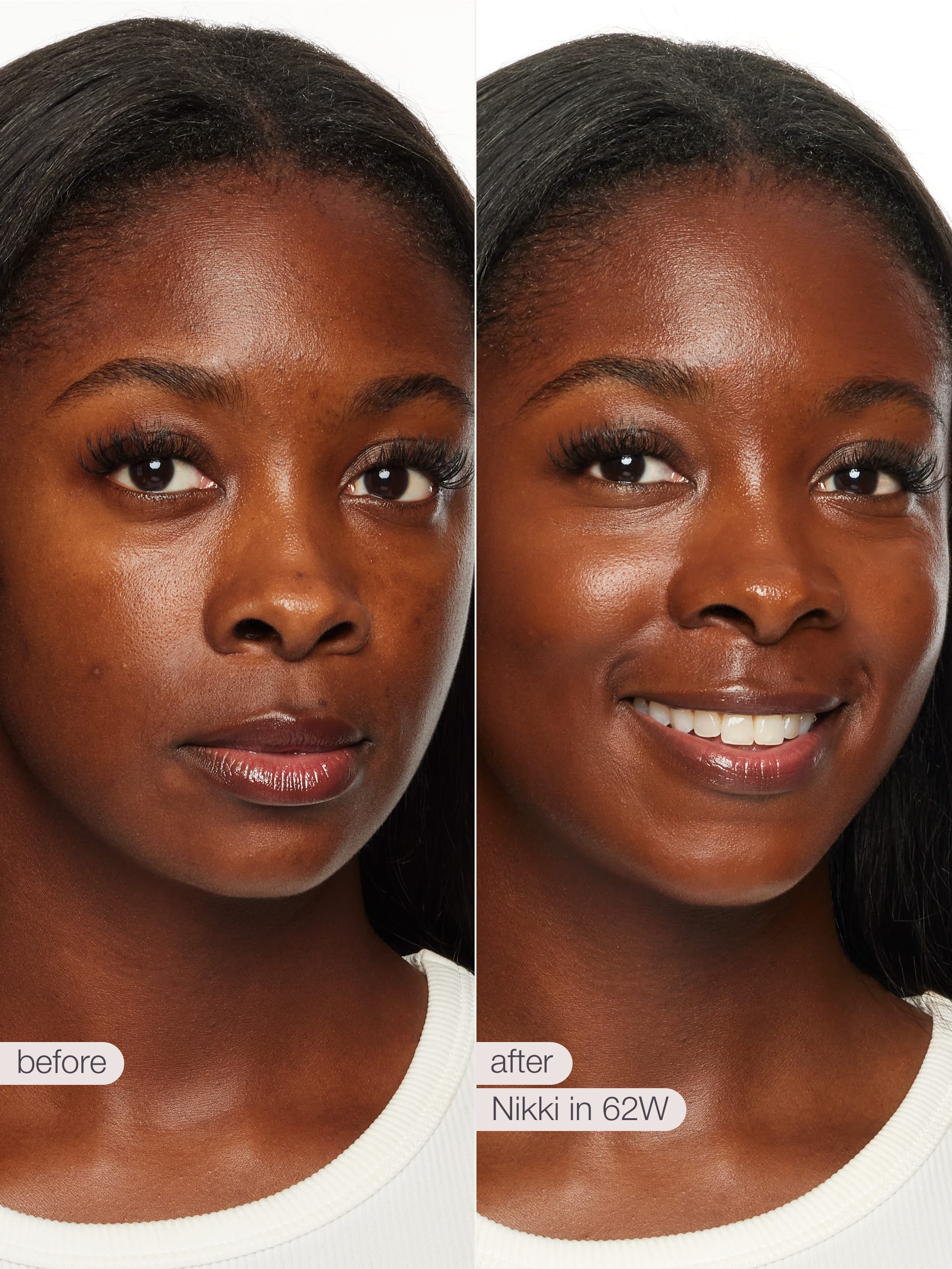 Before and after comparison of a woman's face with text indicating product name and shade.