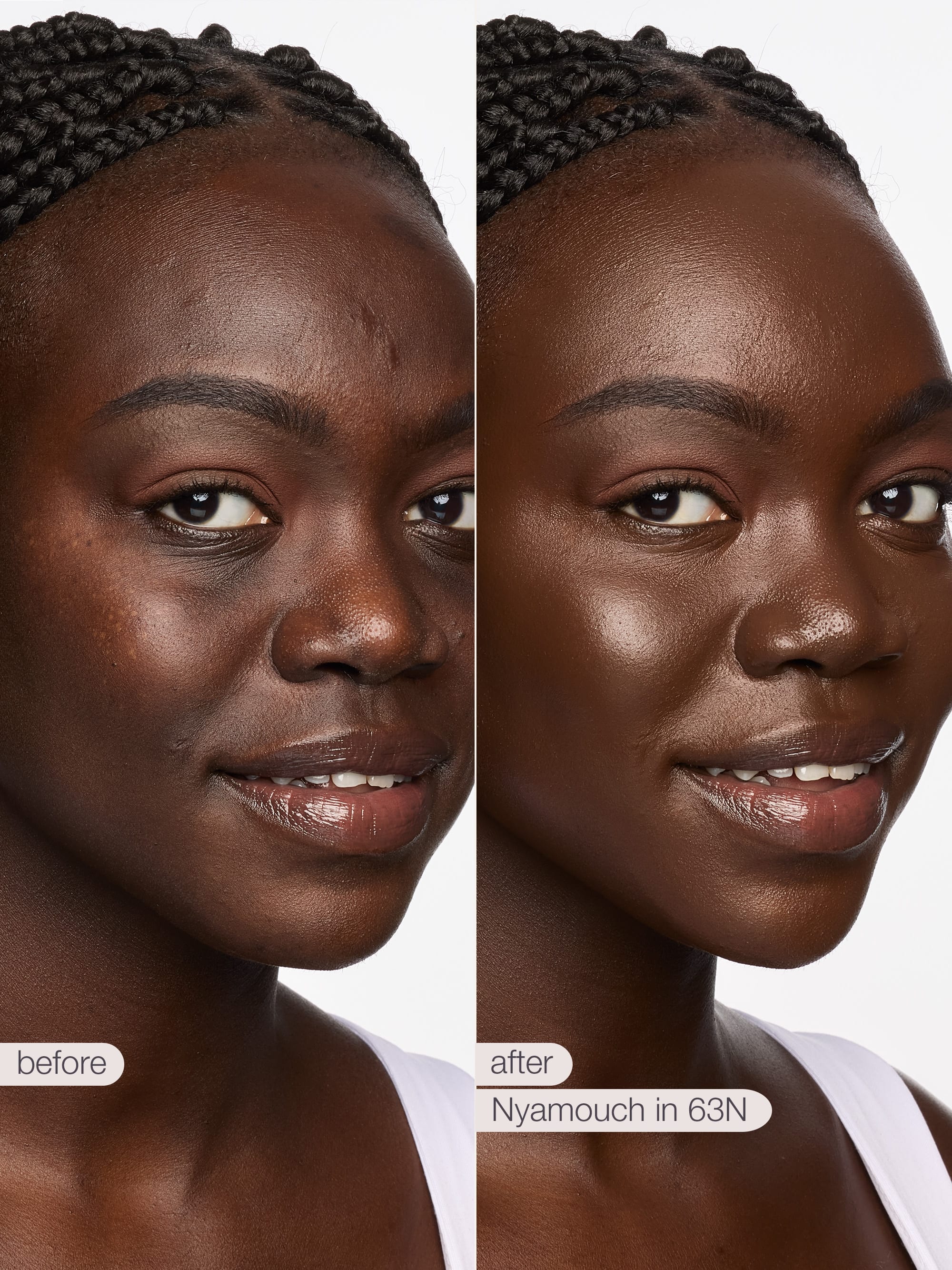 Before and after comparison of a woman's face with Niamouchi skincare product.