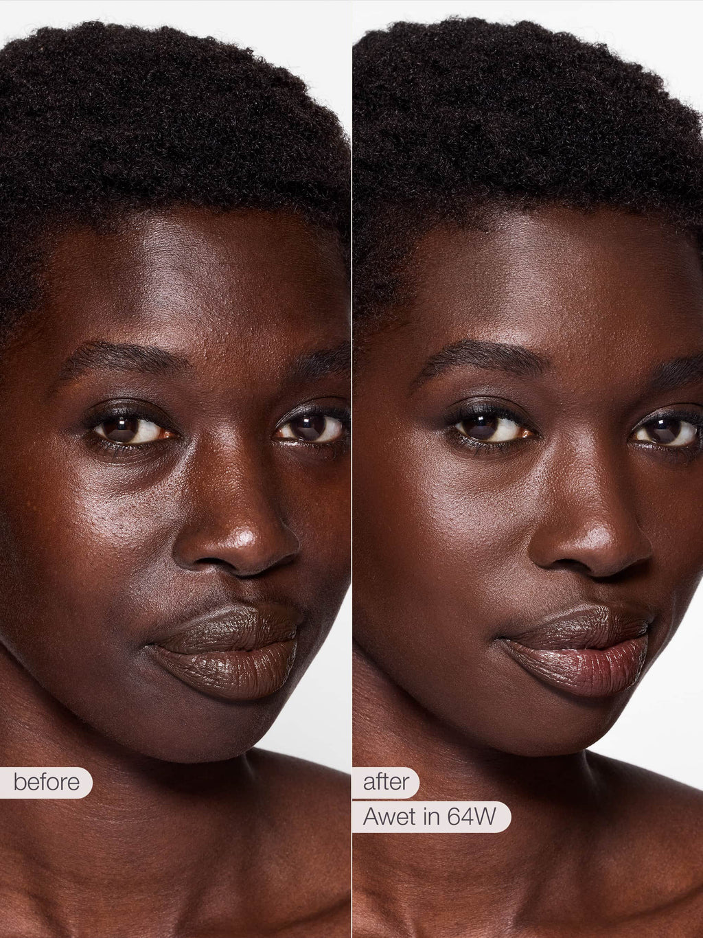 Before and after comparison of a woman's face with text indicating 'before' and 'after' with a product name.