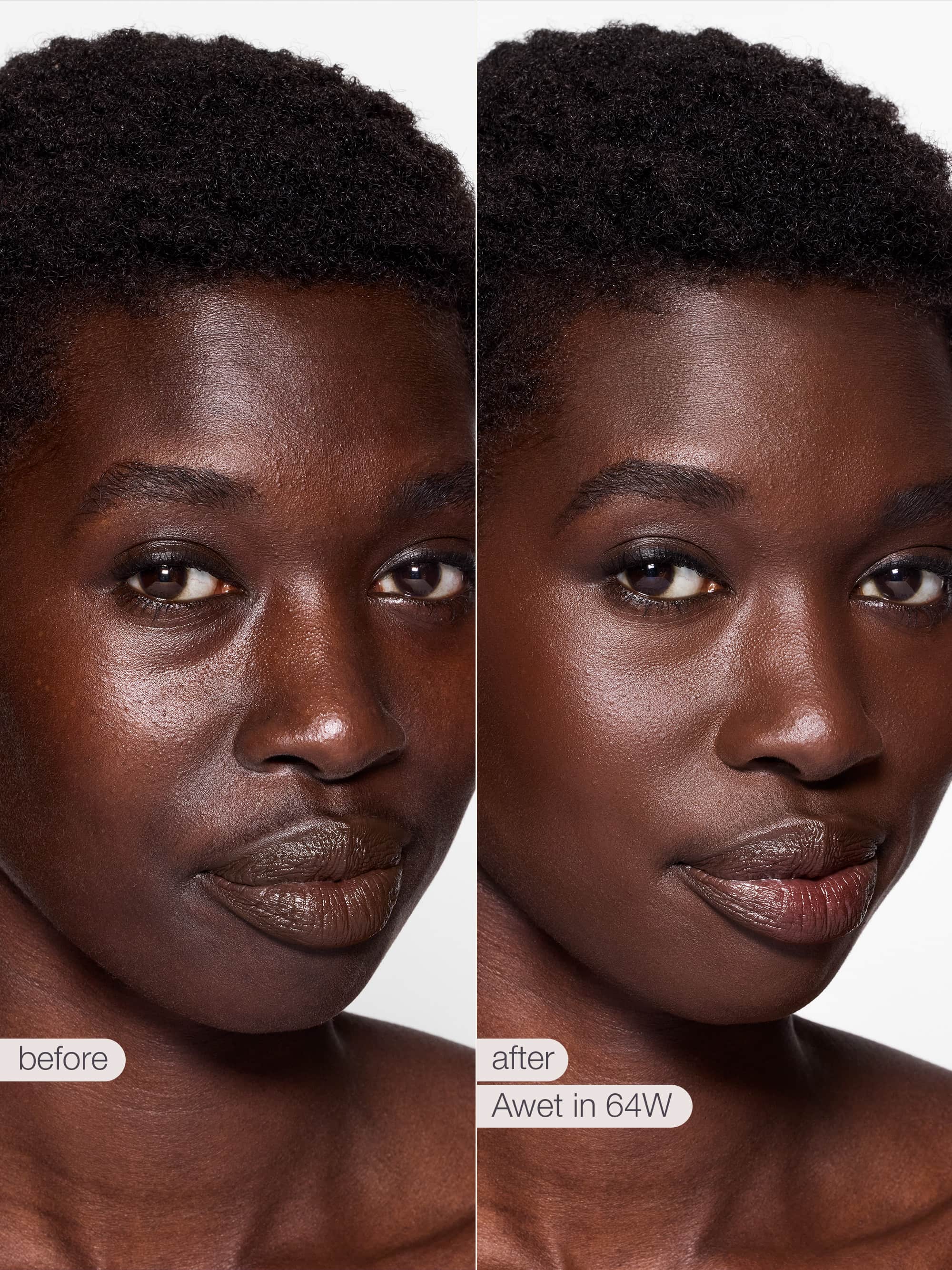 Before and after comparison of a woman's face with text indicating 'before' and 'after' with a product name.