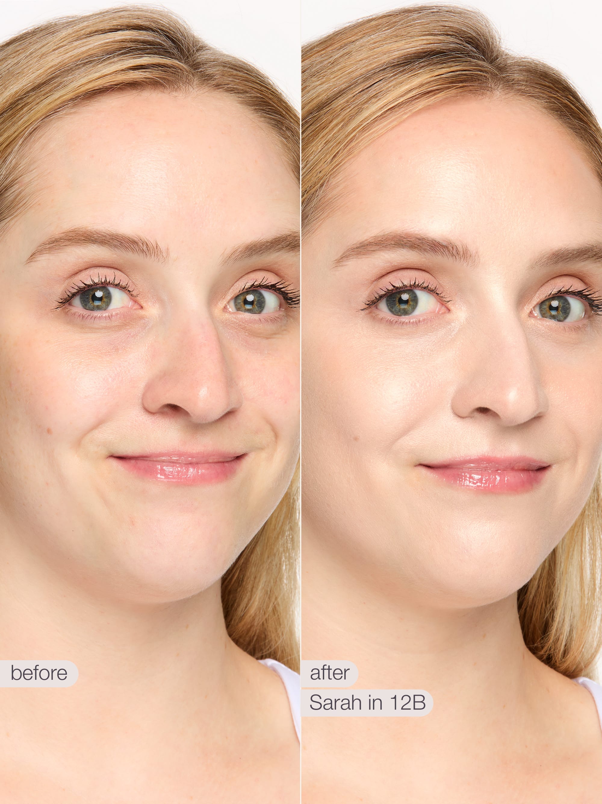 Before and after comparison of a woman's face with makeup labeled 'Sarah in 12B'.