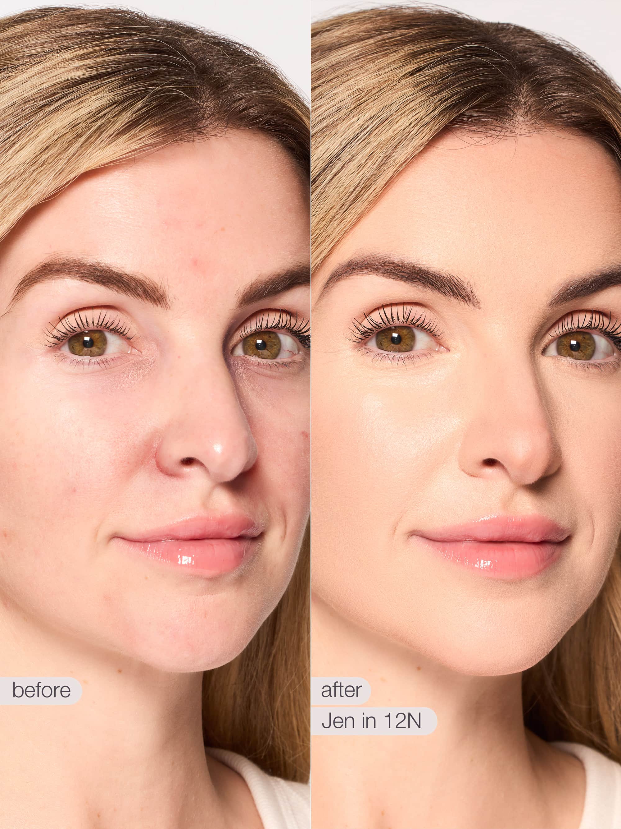Before and after comparison of a woman's face with skincare product application.
