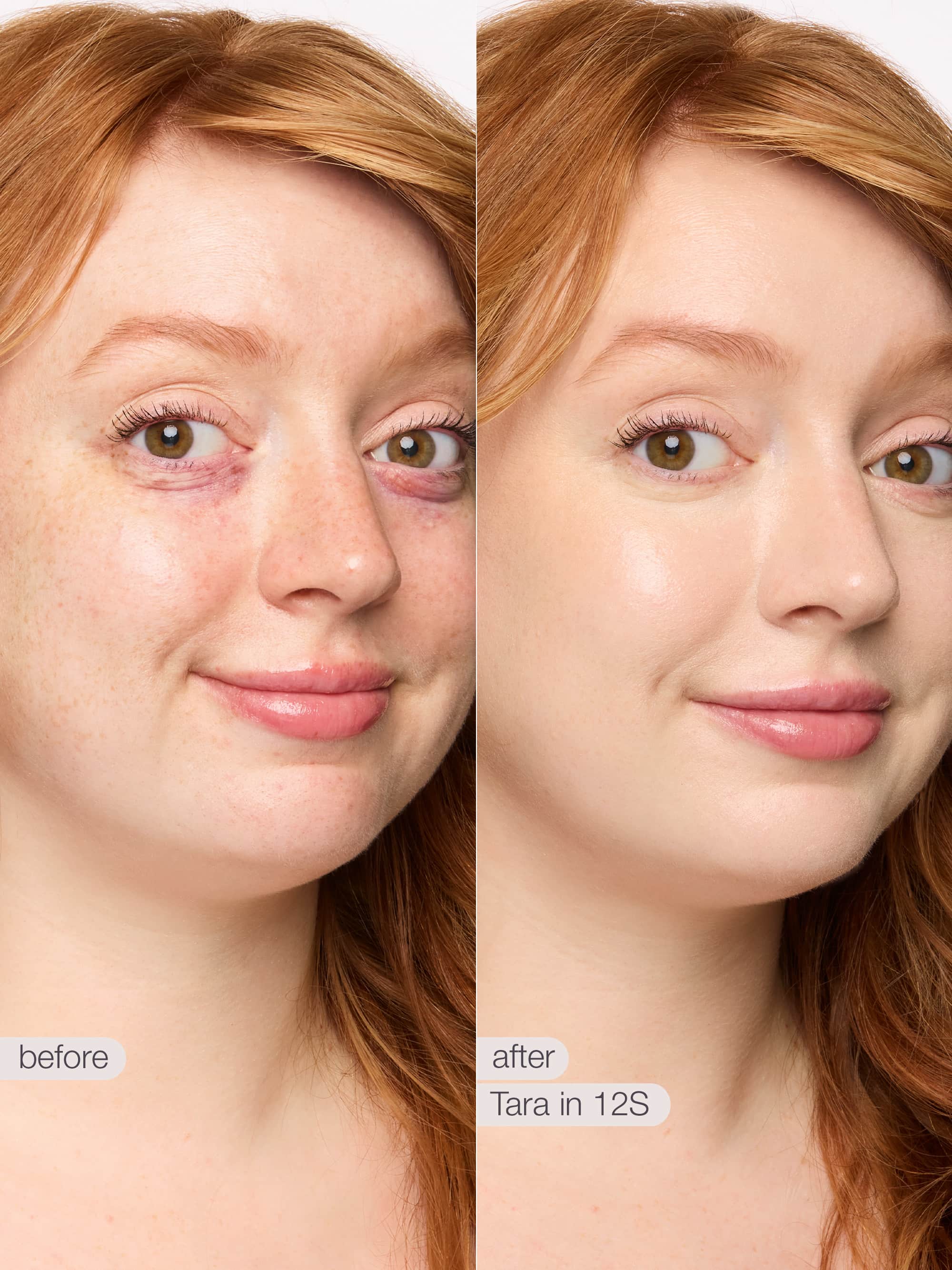 Before and after comparison of a woman with red hair, showing a close-up of her face.