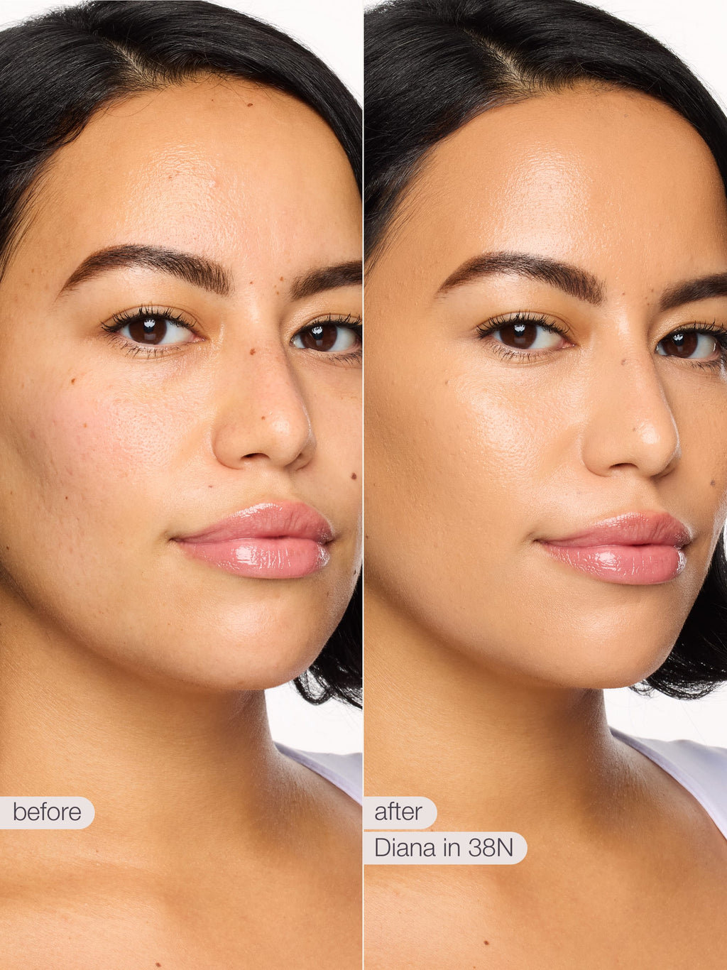 Before and after comparison of a woman's face with text indicating product name and shade.