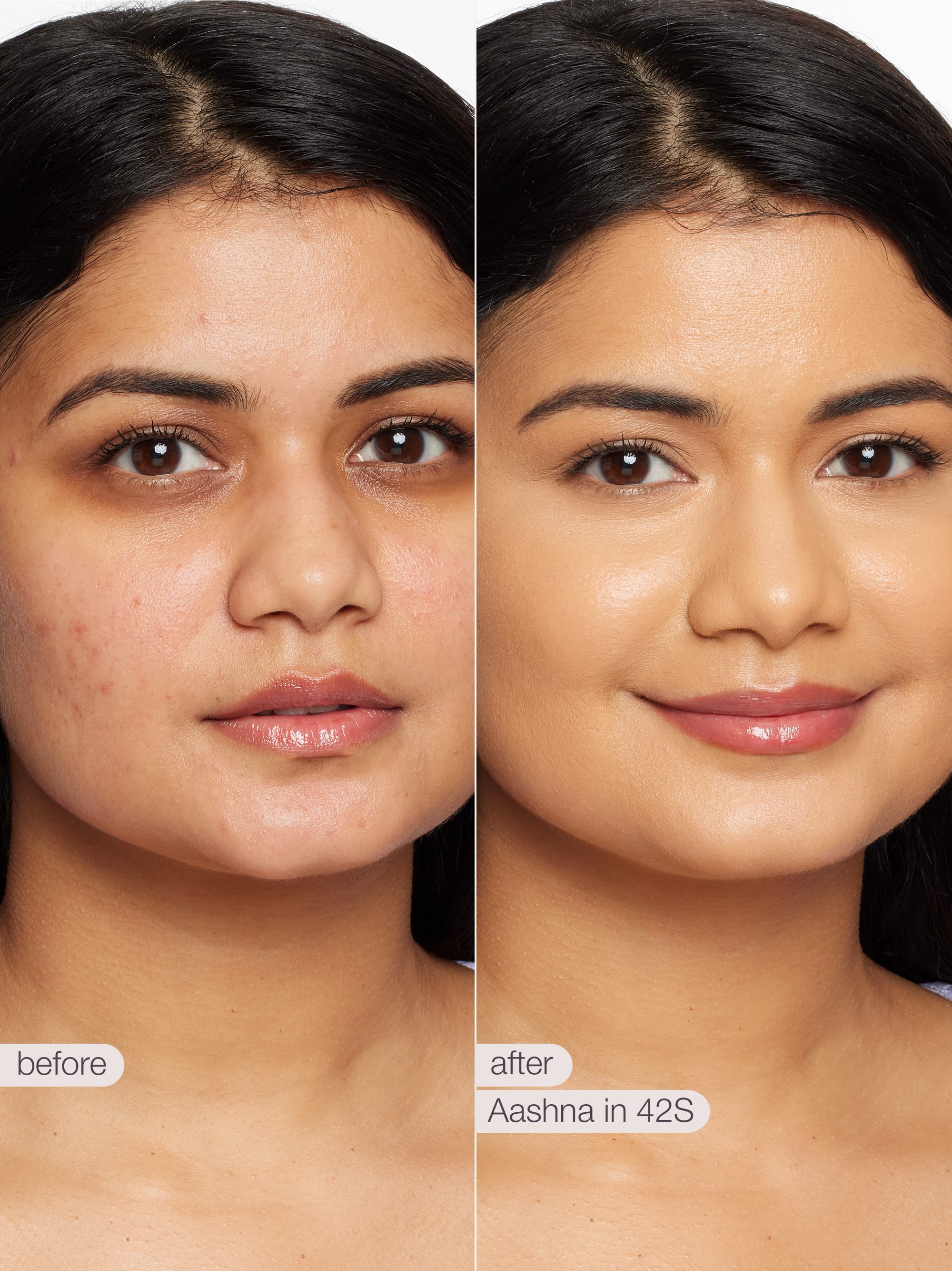 Before and after comparison of a woman's face with cosmetic product application.