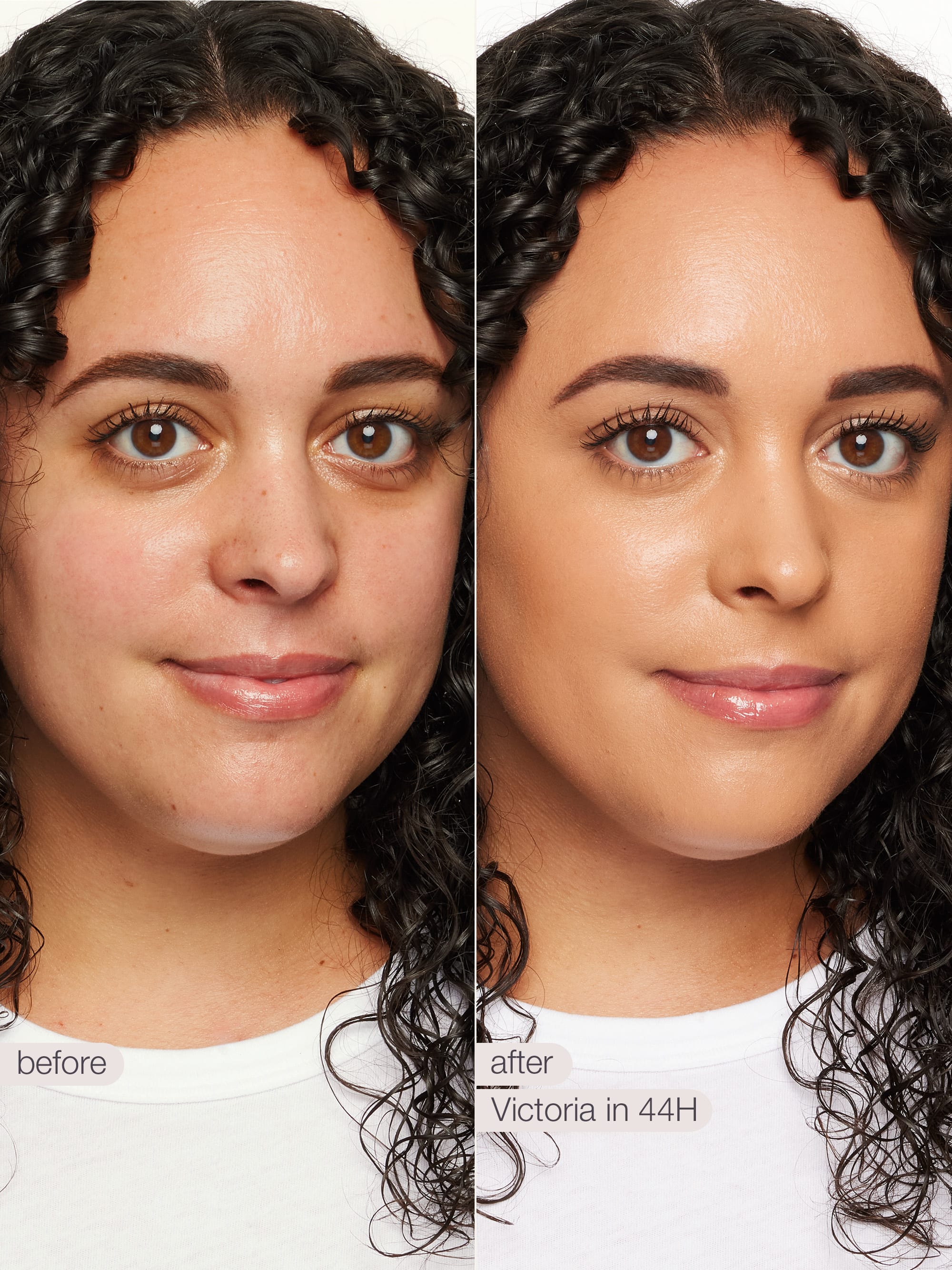 Before and after comparison of a woman with curly hair, showing a product effect labeled 'Victoria in 44H'.