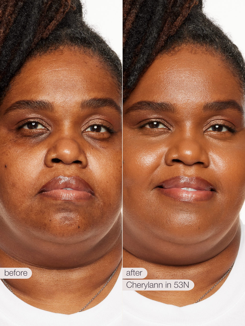 Before and after comparison of a woman's face with text indicating 'Cherylann in 53N'.