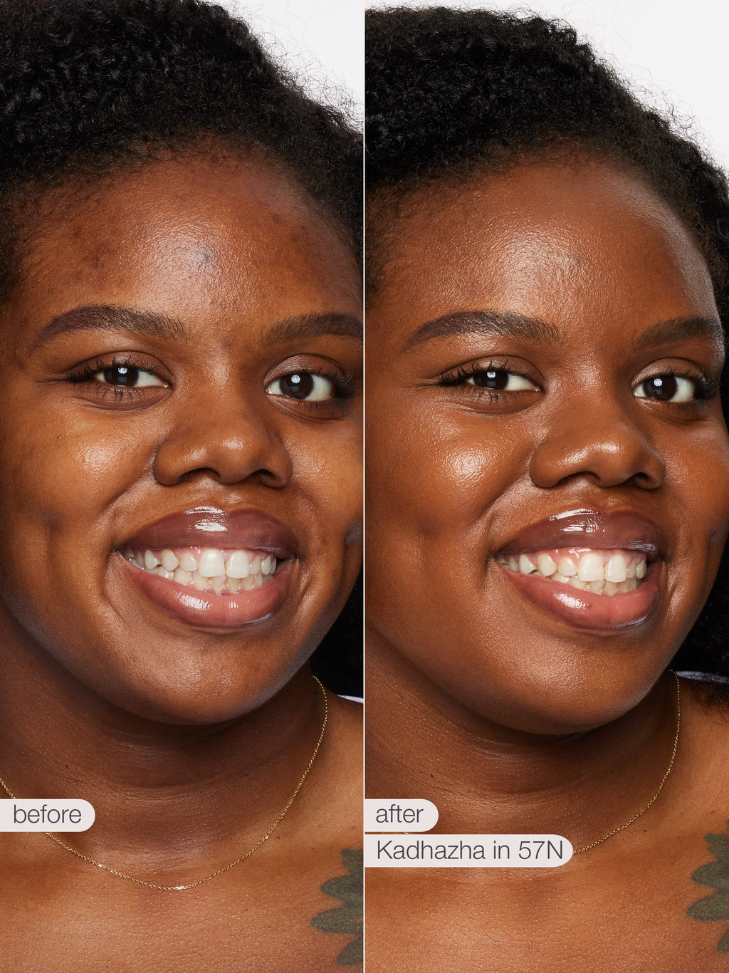 Before and after comparison of a woman's face with visible skin texture differences.