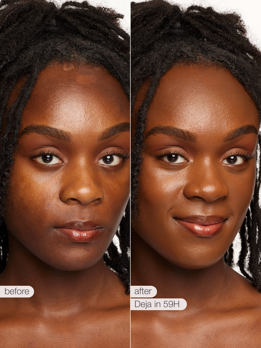 Before and after comparison of a woman's face with text indicating a product application time.